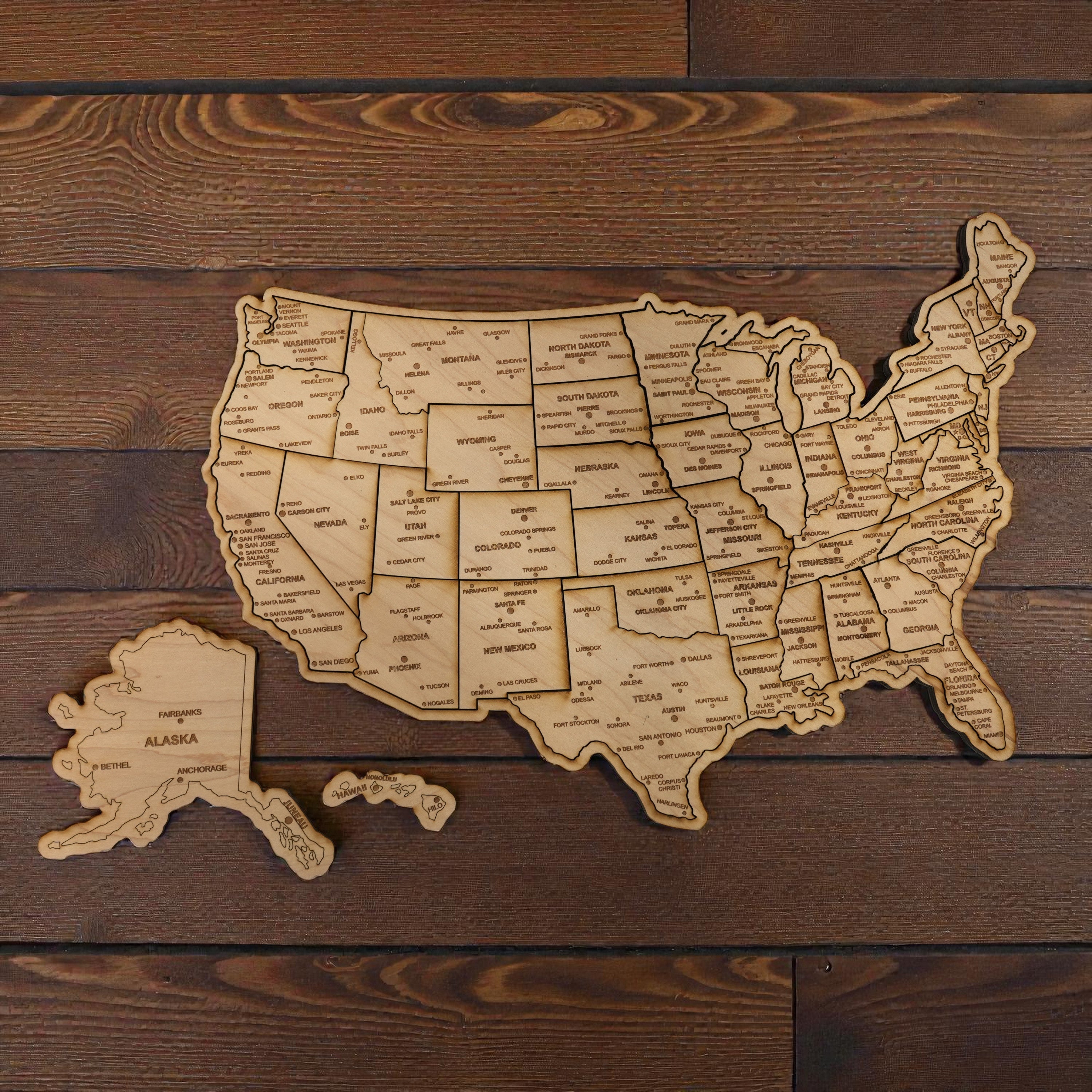Detailed 50 State map with cities Puzzle - 18x13 Inches - 52 Piece Wood