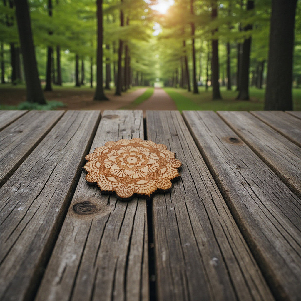 Henna Flower Raw Wood Coaster/Disc qty 1 - 5x5 Inches