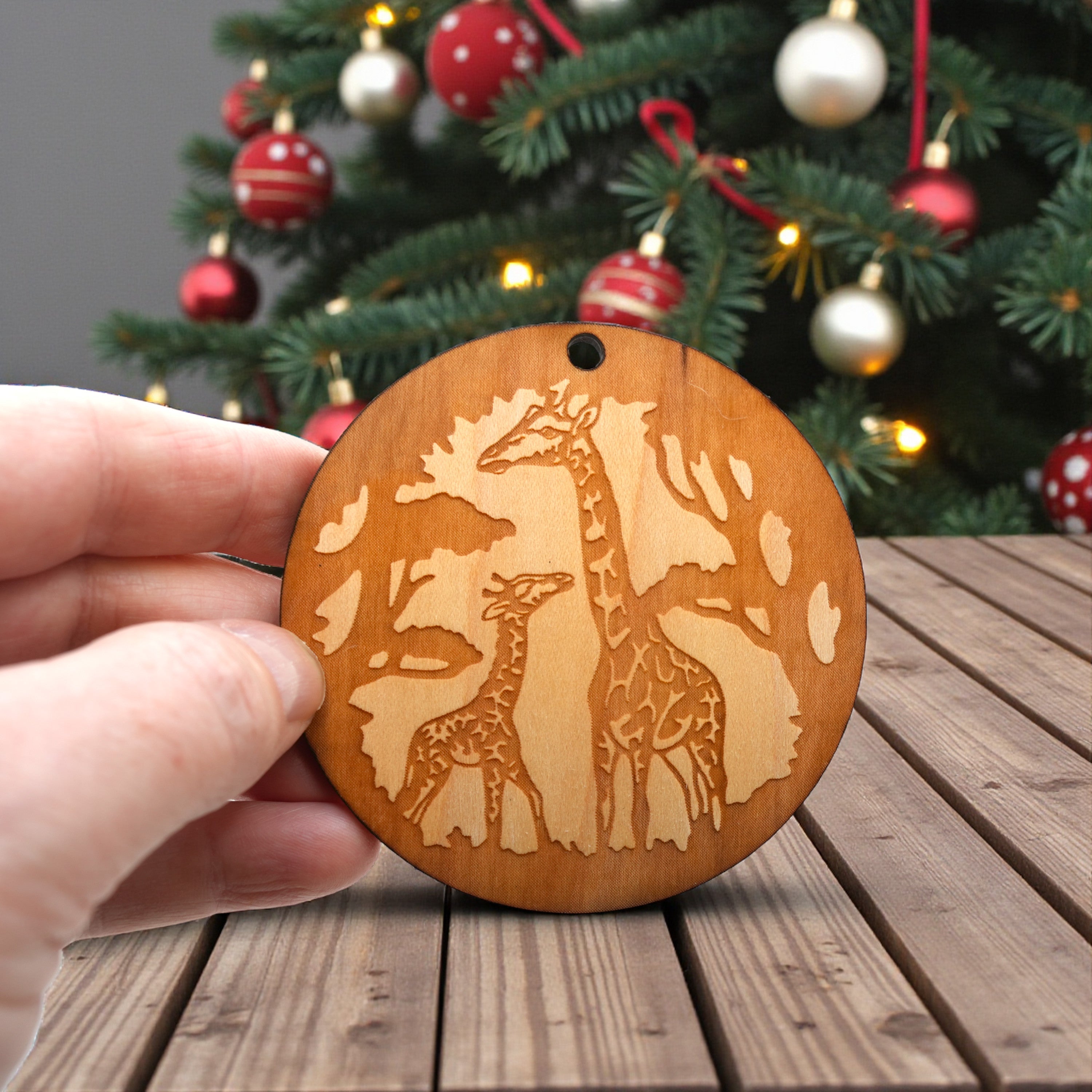 Ornament - Giraffe and Baby - Raw Wood