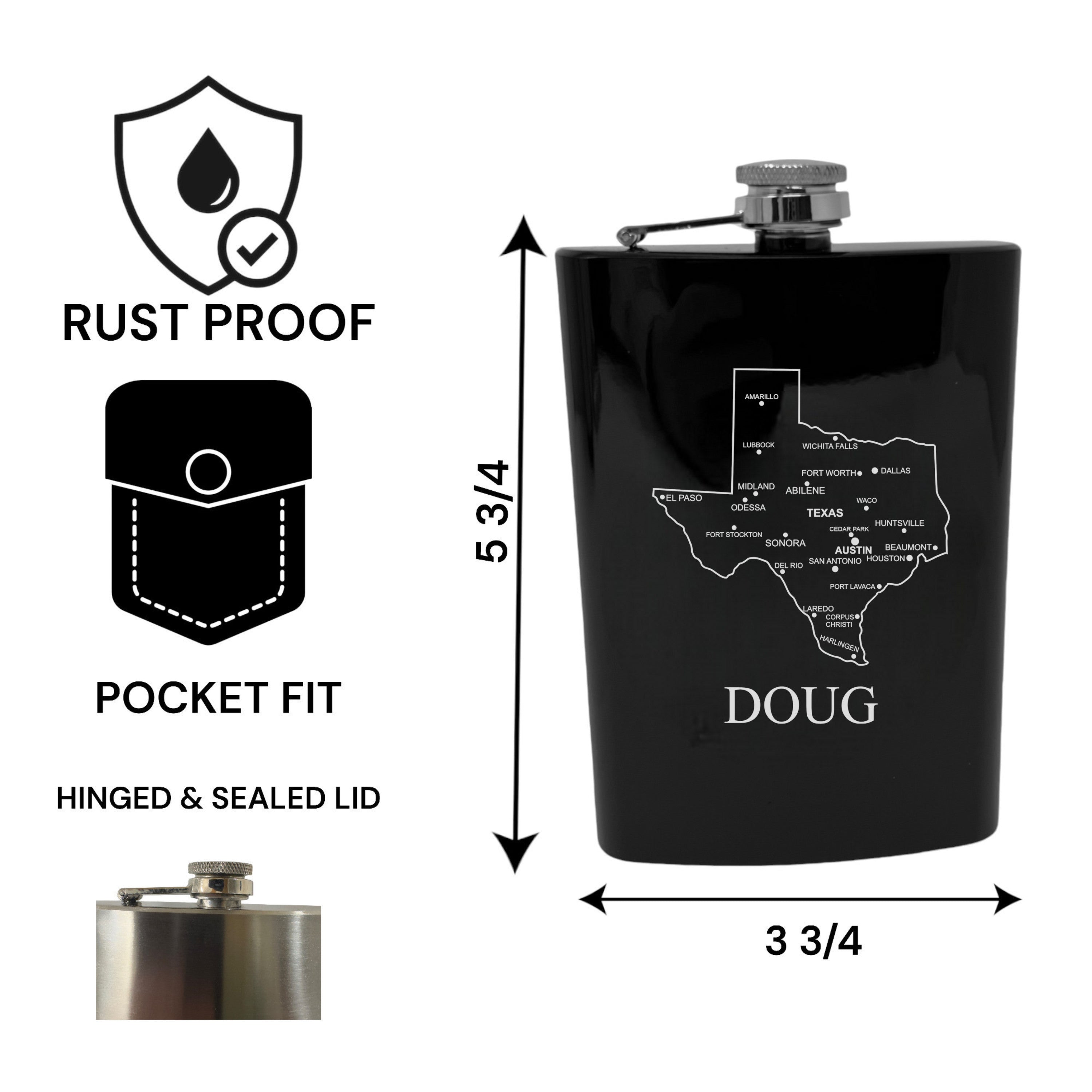 8oz Flask - Texas with Cities PERSONALIZED