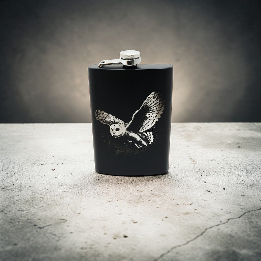 8oz Black - Flying Barn Owl - Black Flask