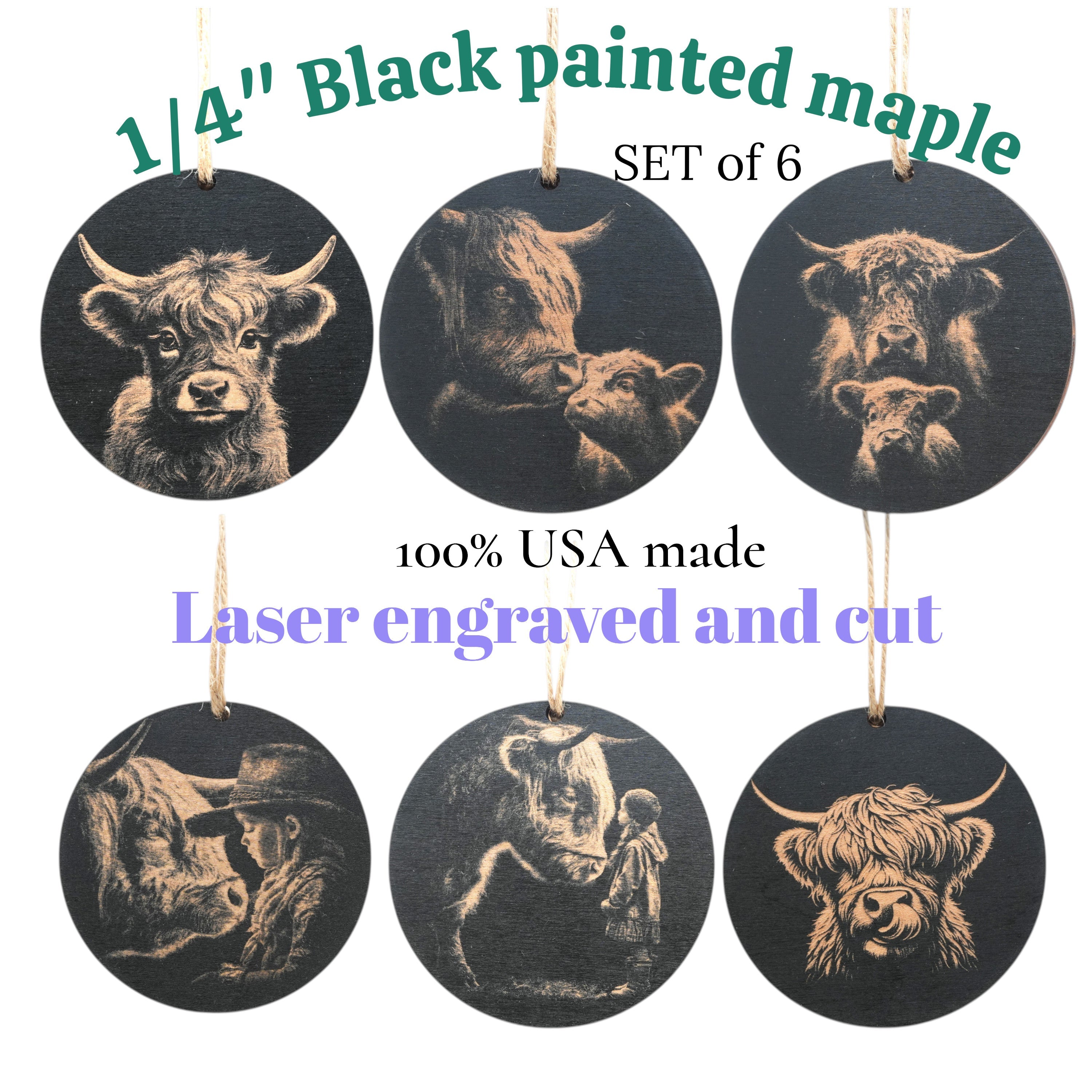 Ornament - Black - Highland Cow - Set of 6