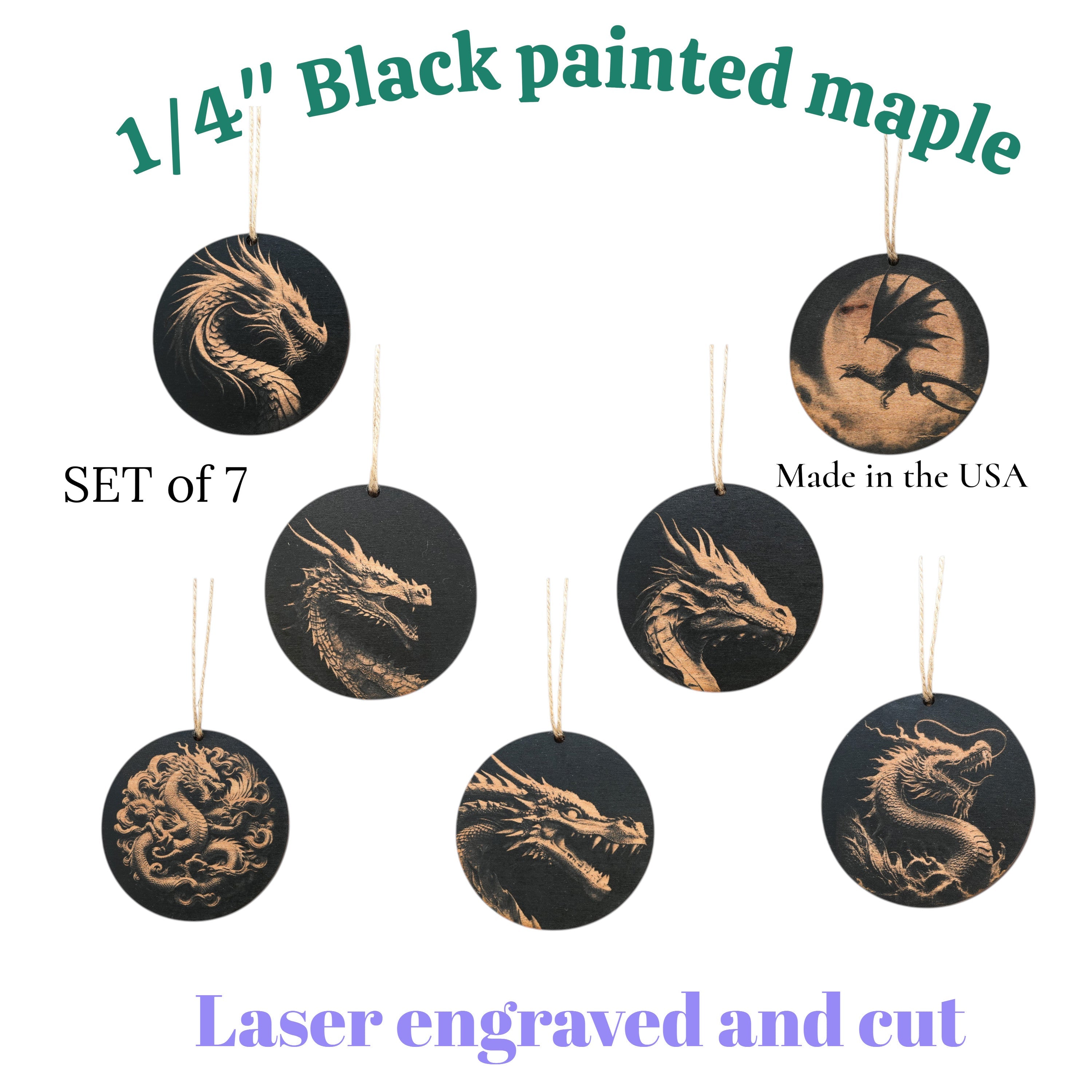 Ornament - Black - Dragons - Set of 7