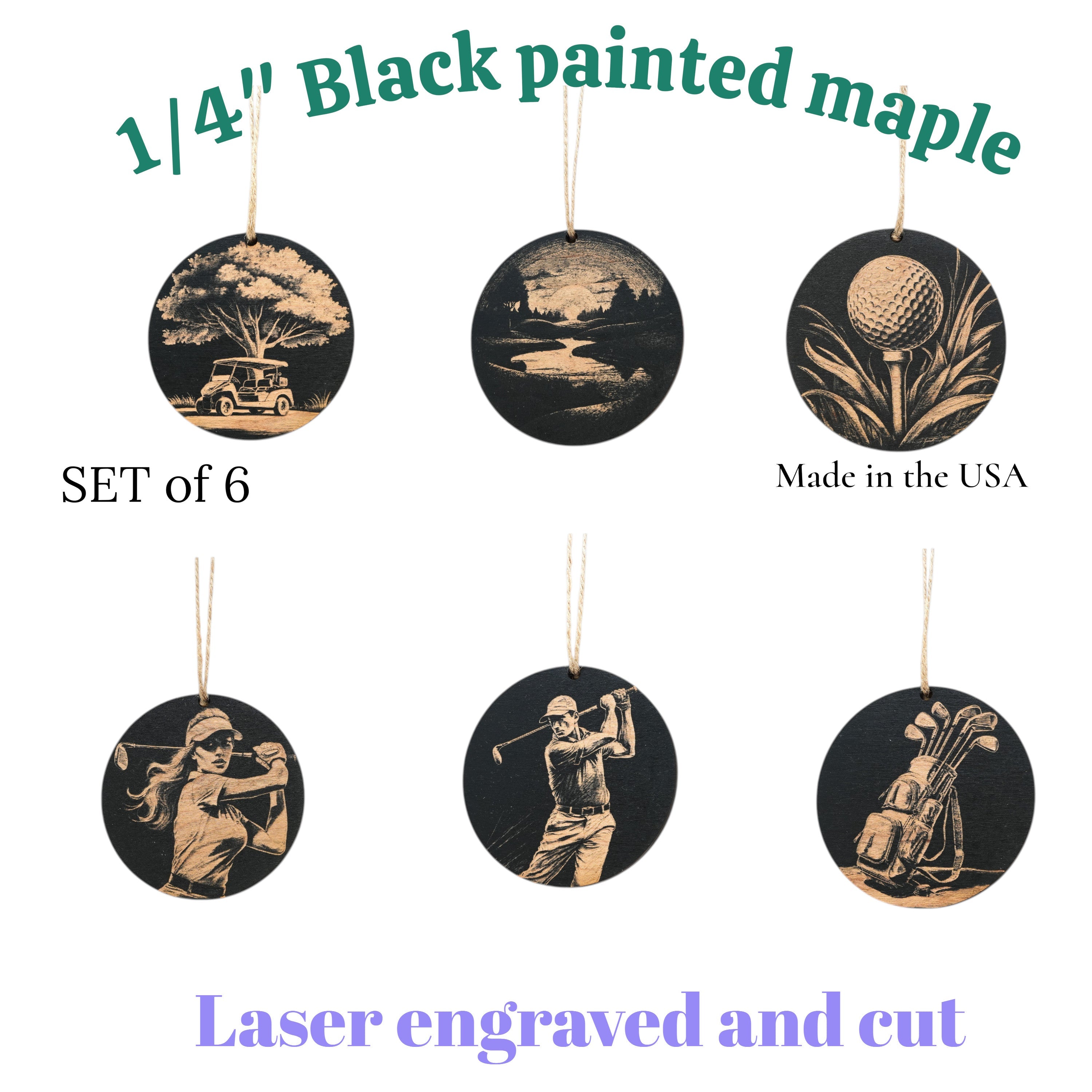 Ornament - Black - Golf - Set of 6
