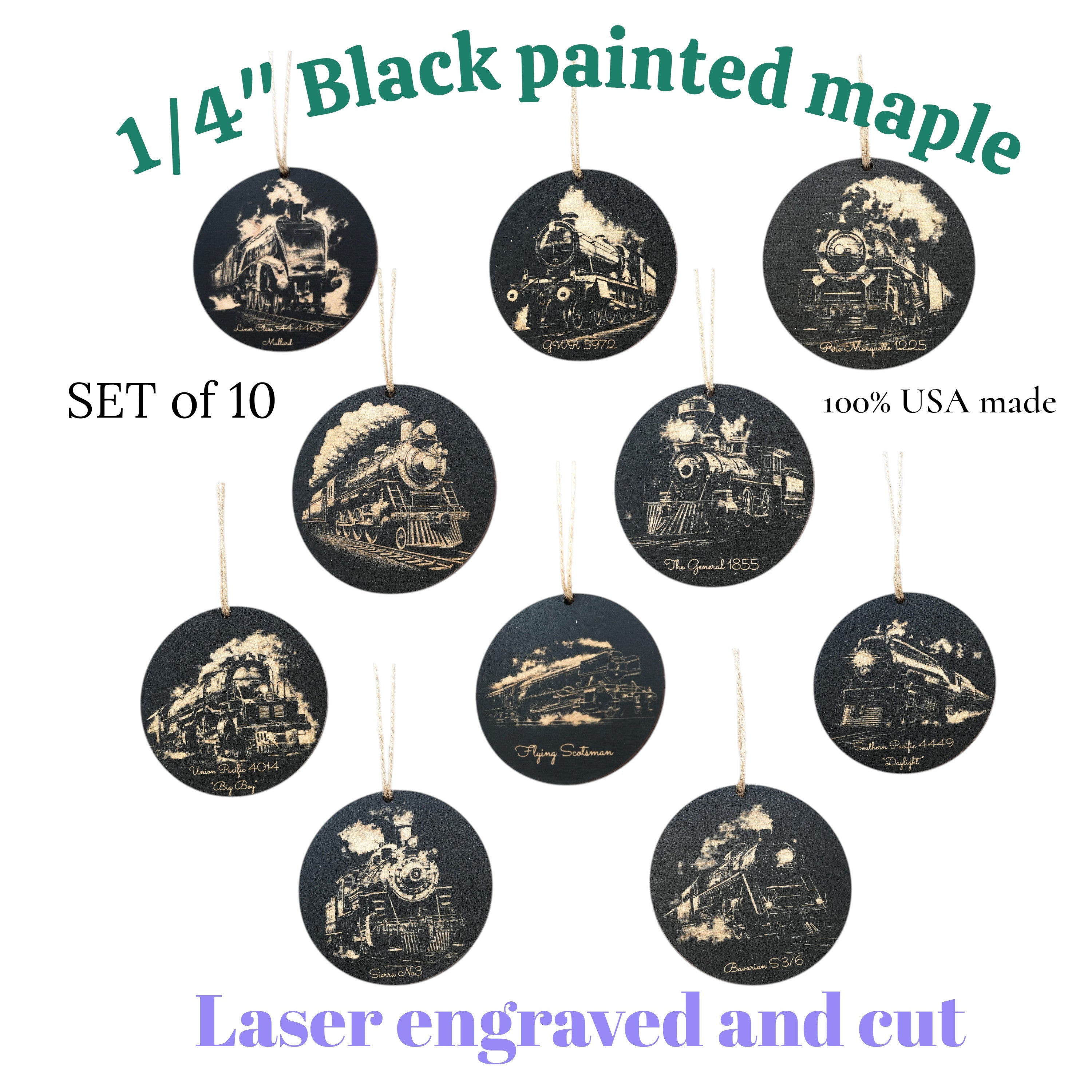 Ornament - Black - Train - Set of 10