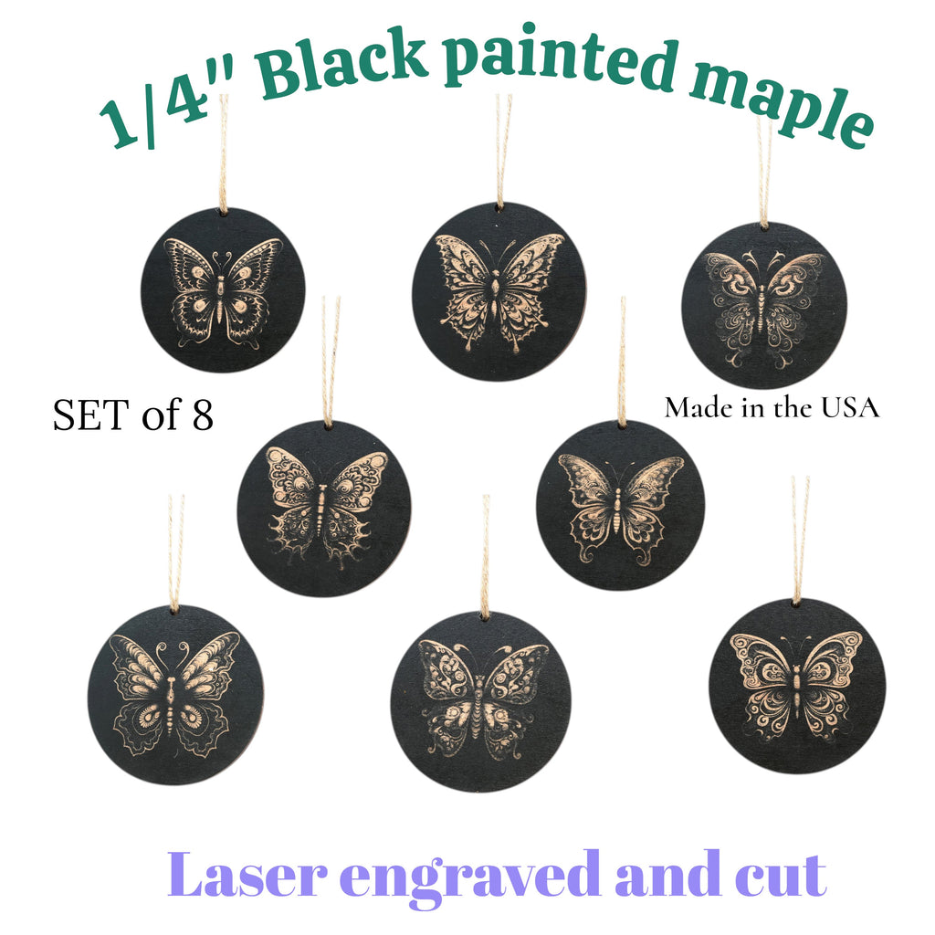 Ornament - Black - Butterflies - Set of 8