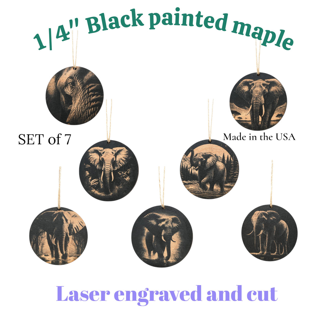 Ornament - Black - Elephants - Set of 7