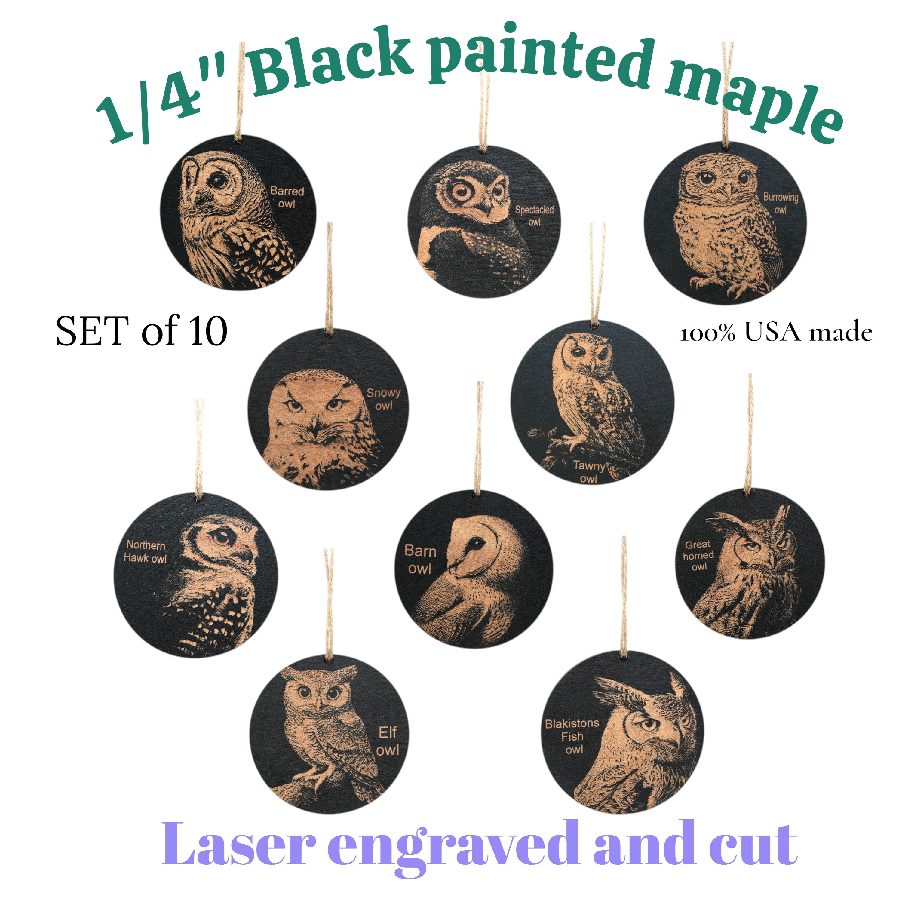 Ornament - Black - Owls - Set of 10