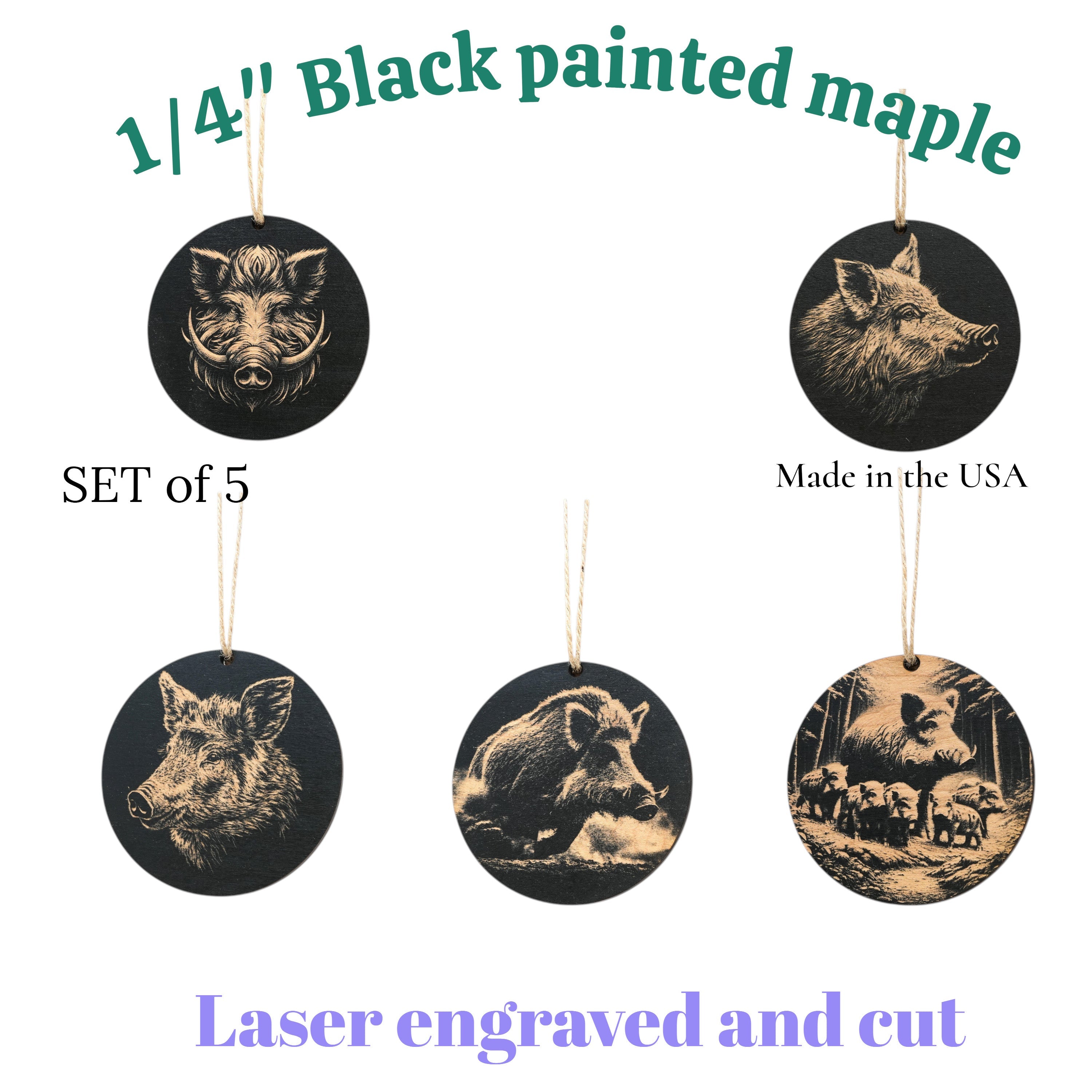 Ornament - Black - Wild Boar - Set of 5