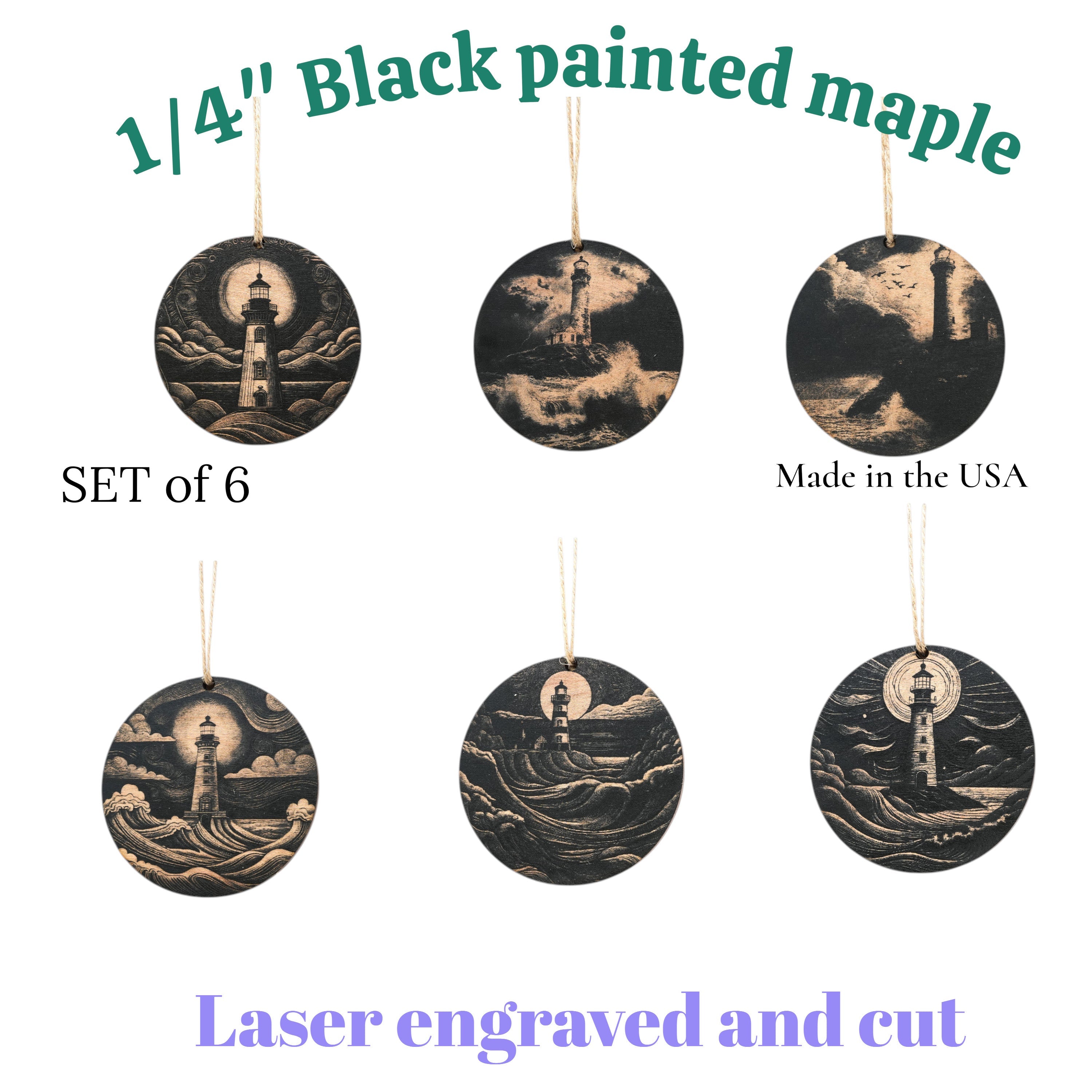 Ornament - Black - Lighthouses - Set of 6