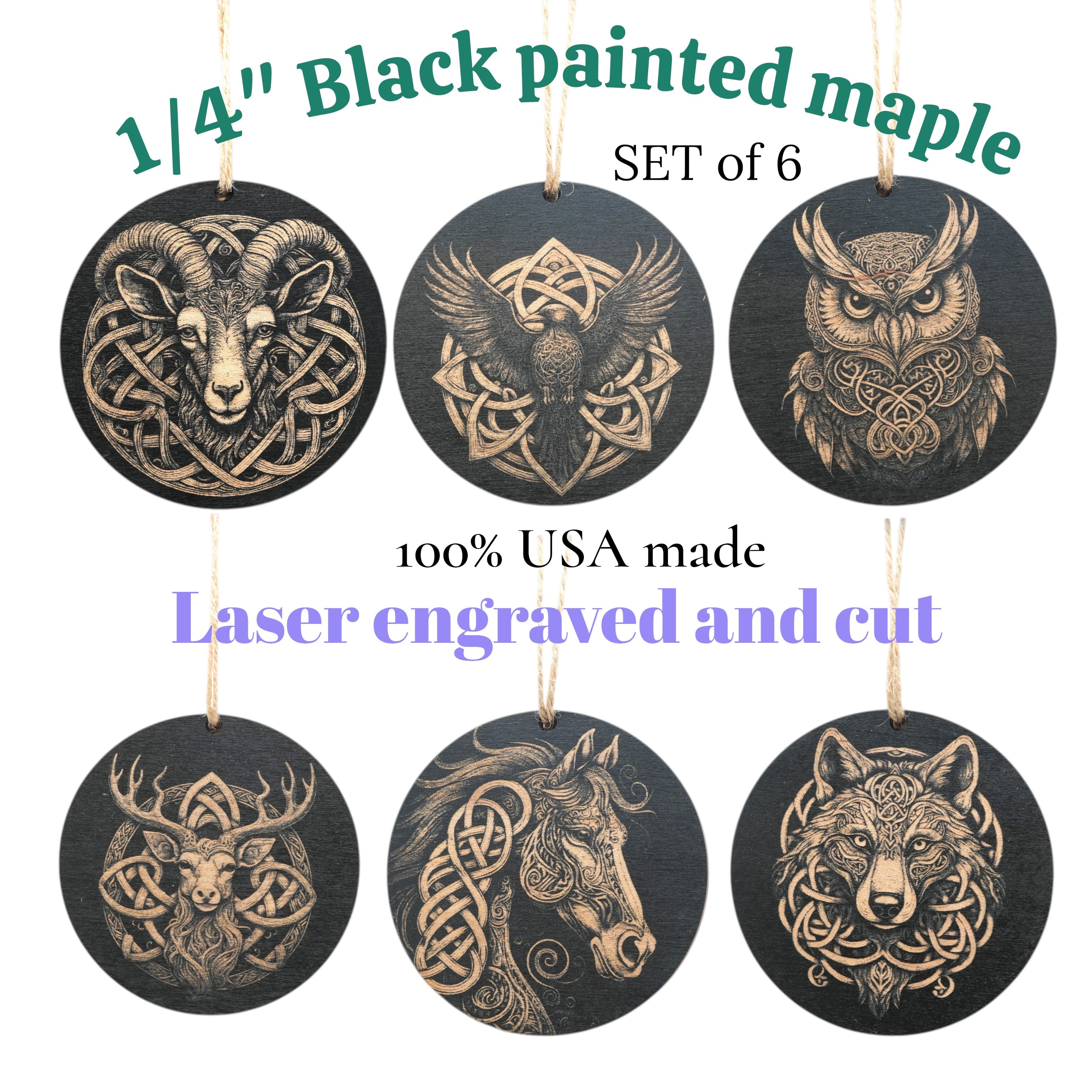 Ornament - Black - Celtic Animals - Set of 6
