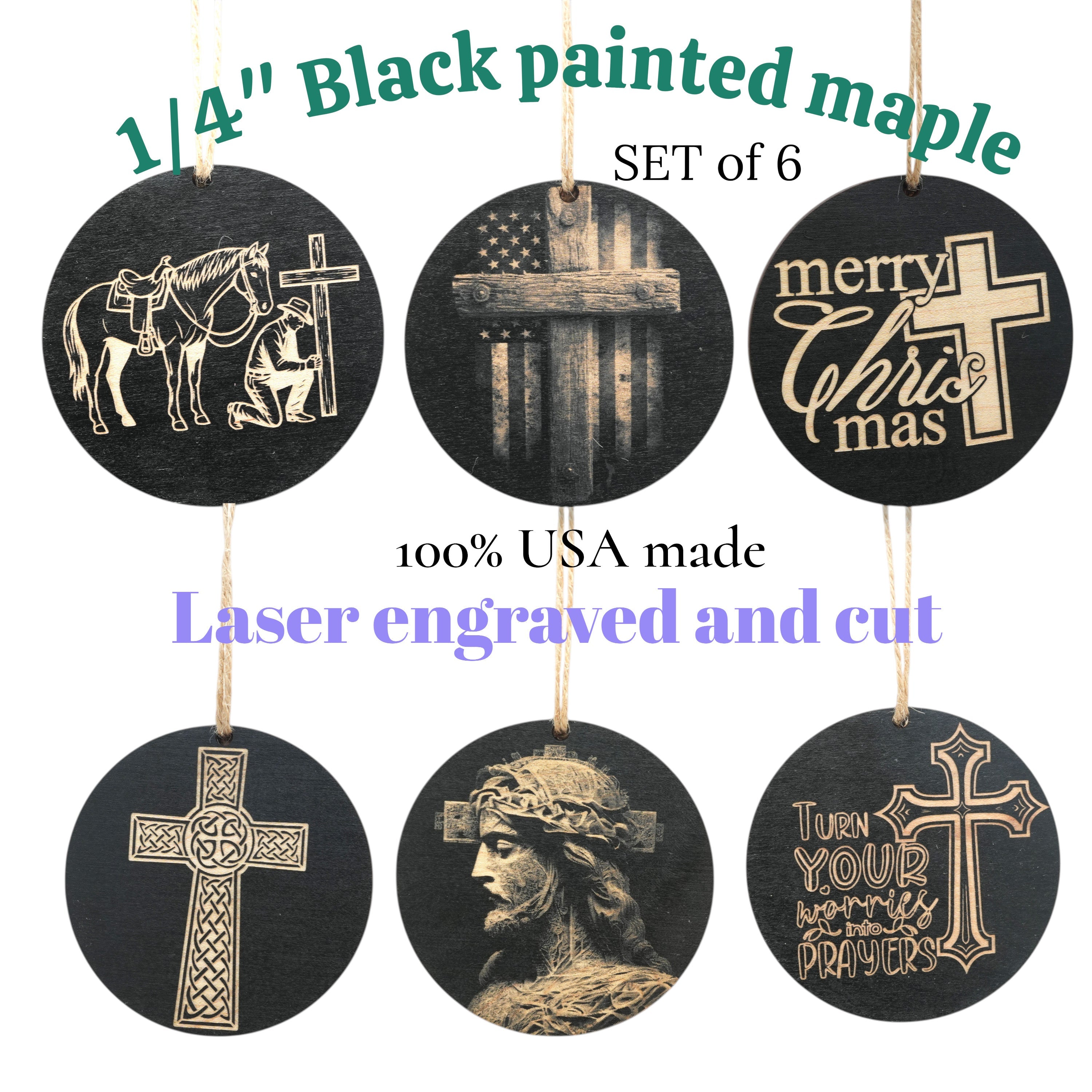 Ornament - Black - Cross - Set of 6