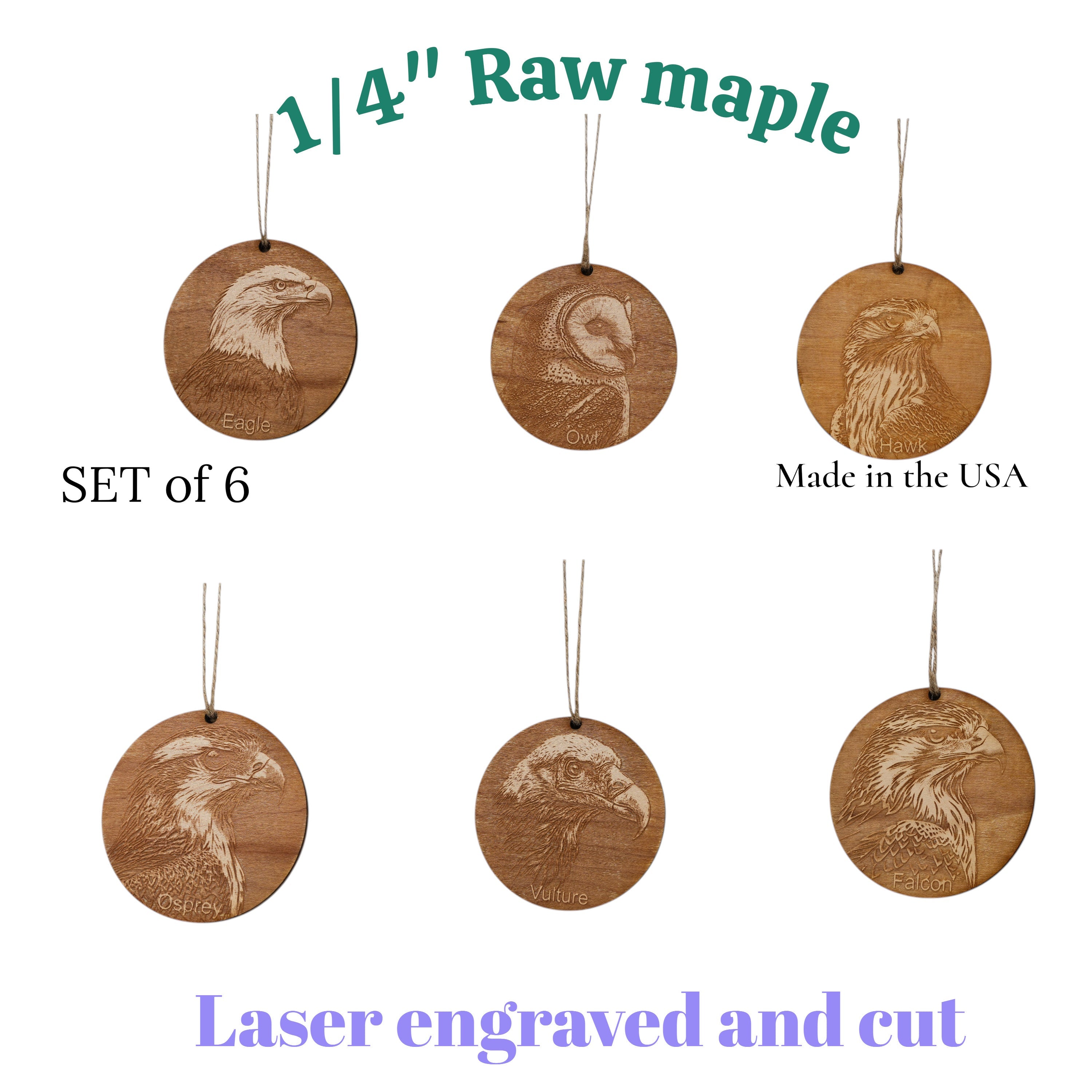 Ornament - Raptors - Birds - Set of 6 - Raw wood