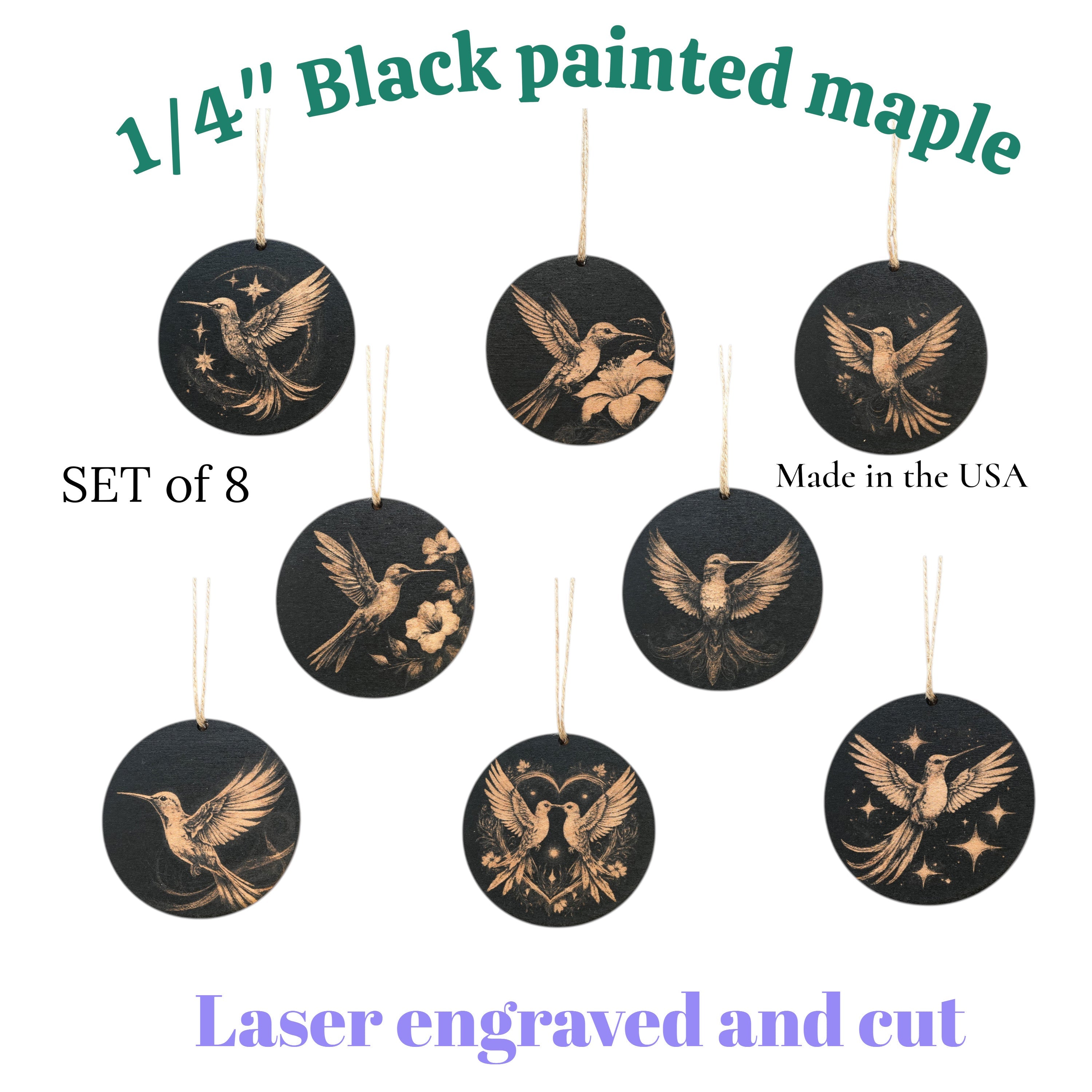 Ornament - Black - Hummingbirds - Set of 8