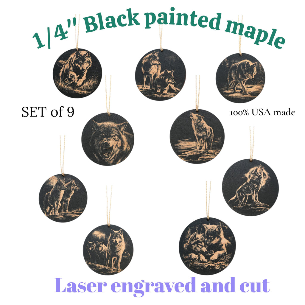 Ornament - Black - Wolf - Set of 9