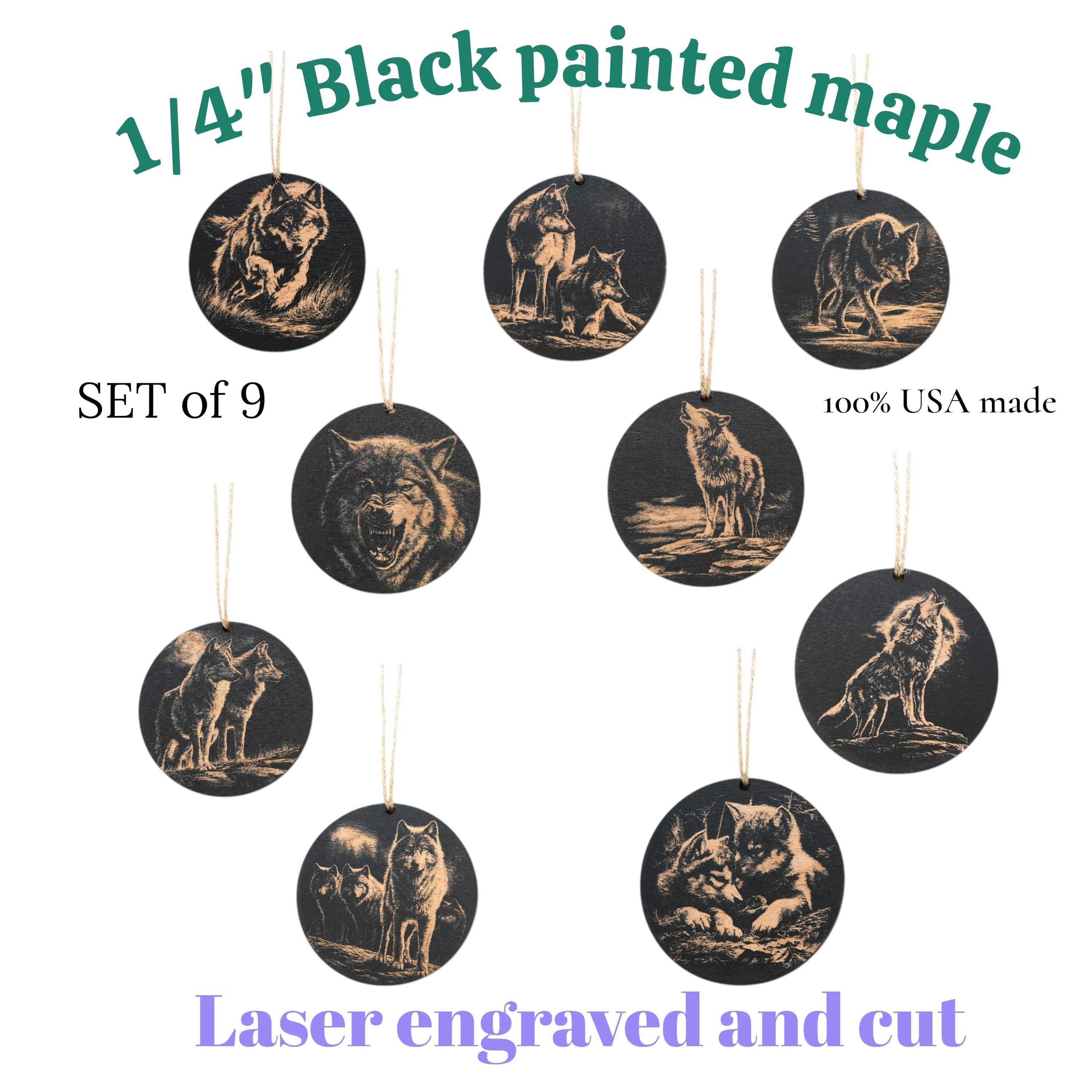 Ornament - Black - Wolf - Set of 9