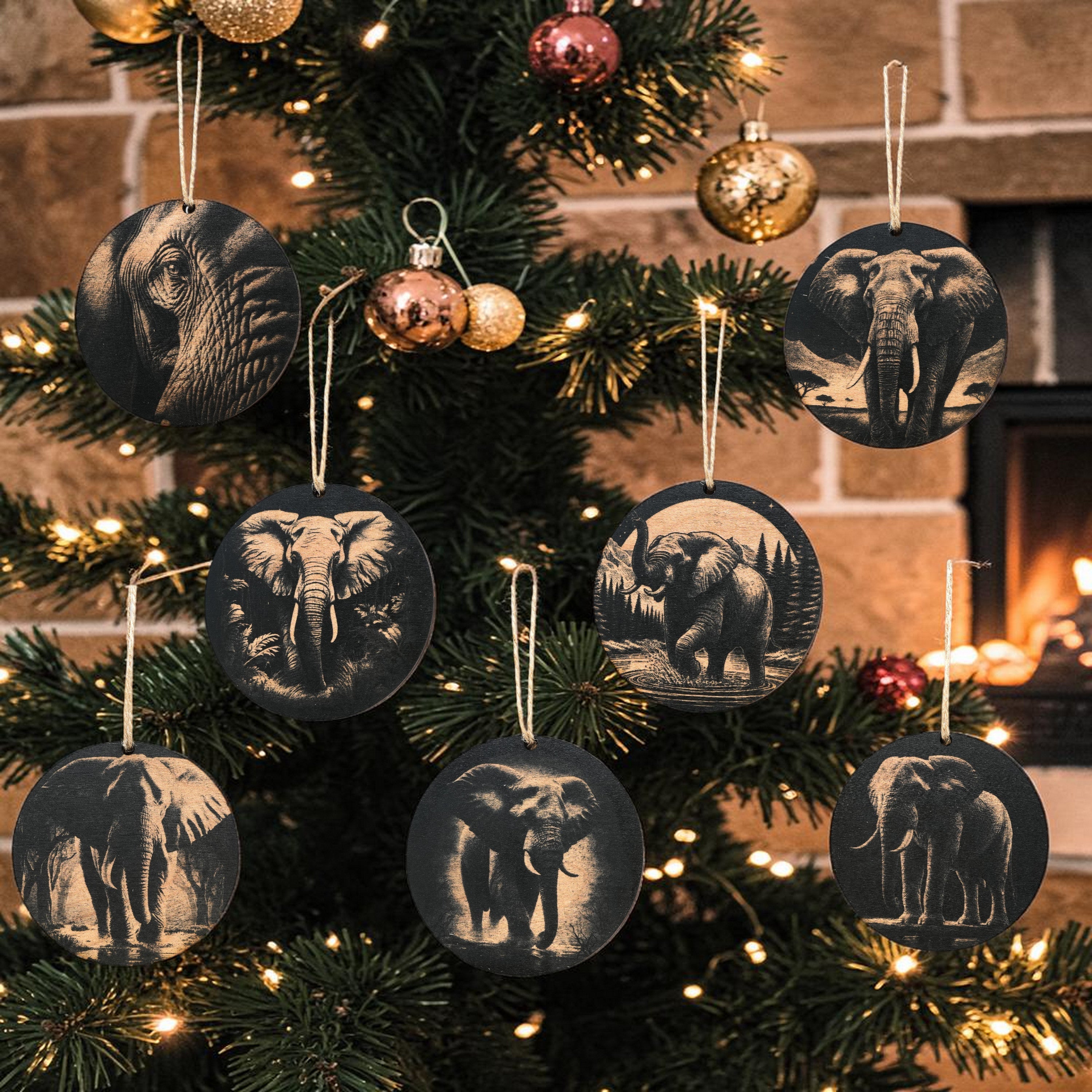 Ornament - Black - Elephants - Set of 7