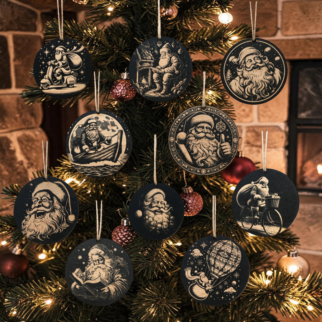 Ornament - Black - Santa - Set of 10 - Santa Claus