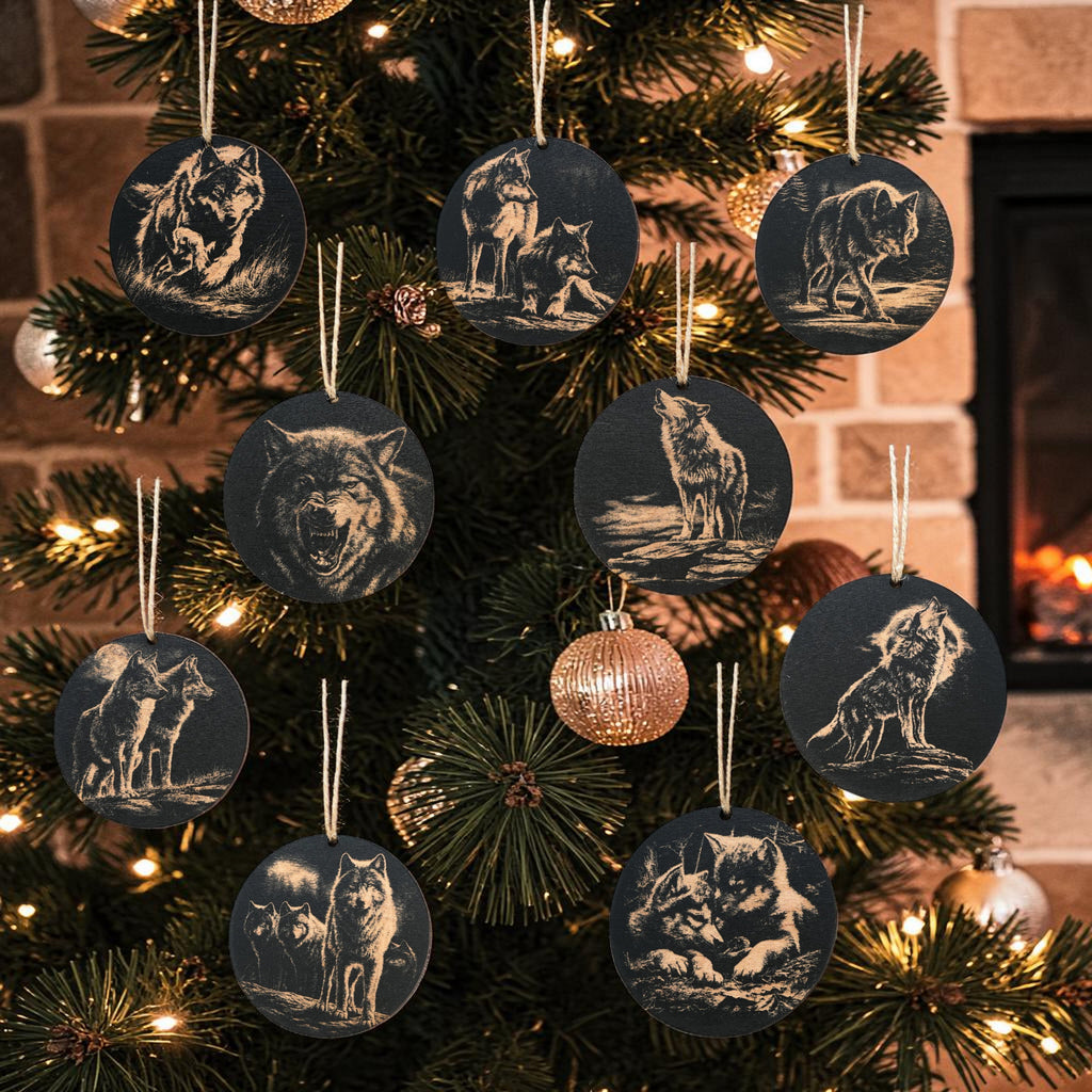 Ornament - Black - Wolf - Set of 9
