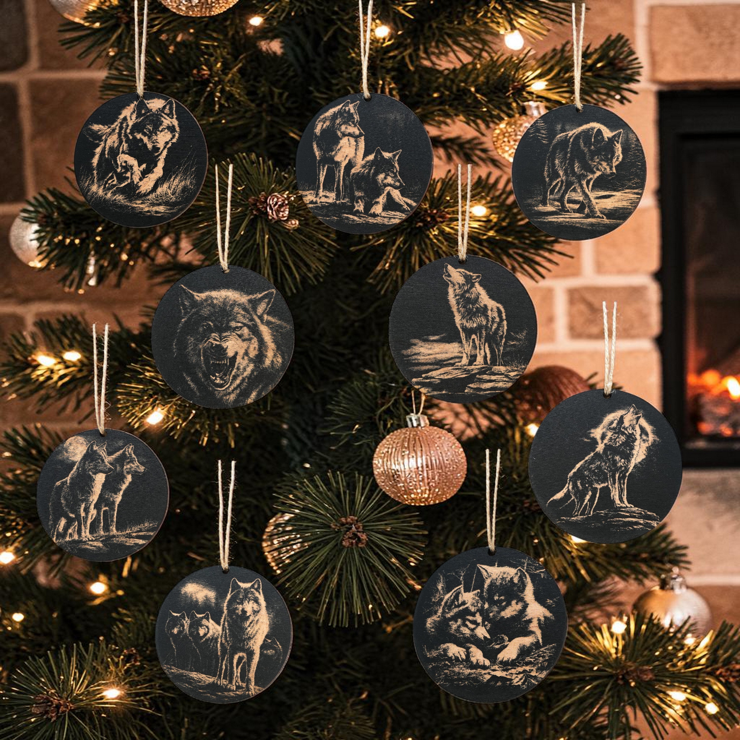 Ornament - Black - Wolf - Set of 9