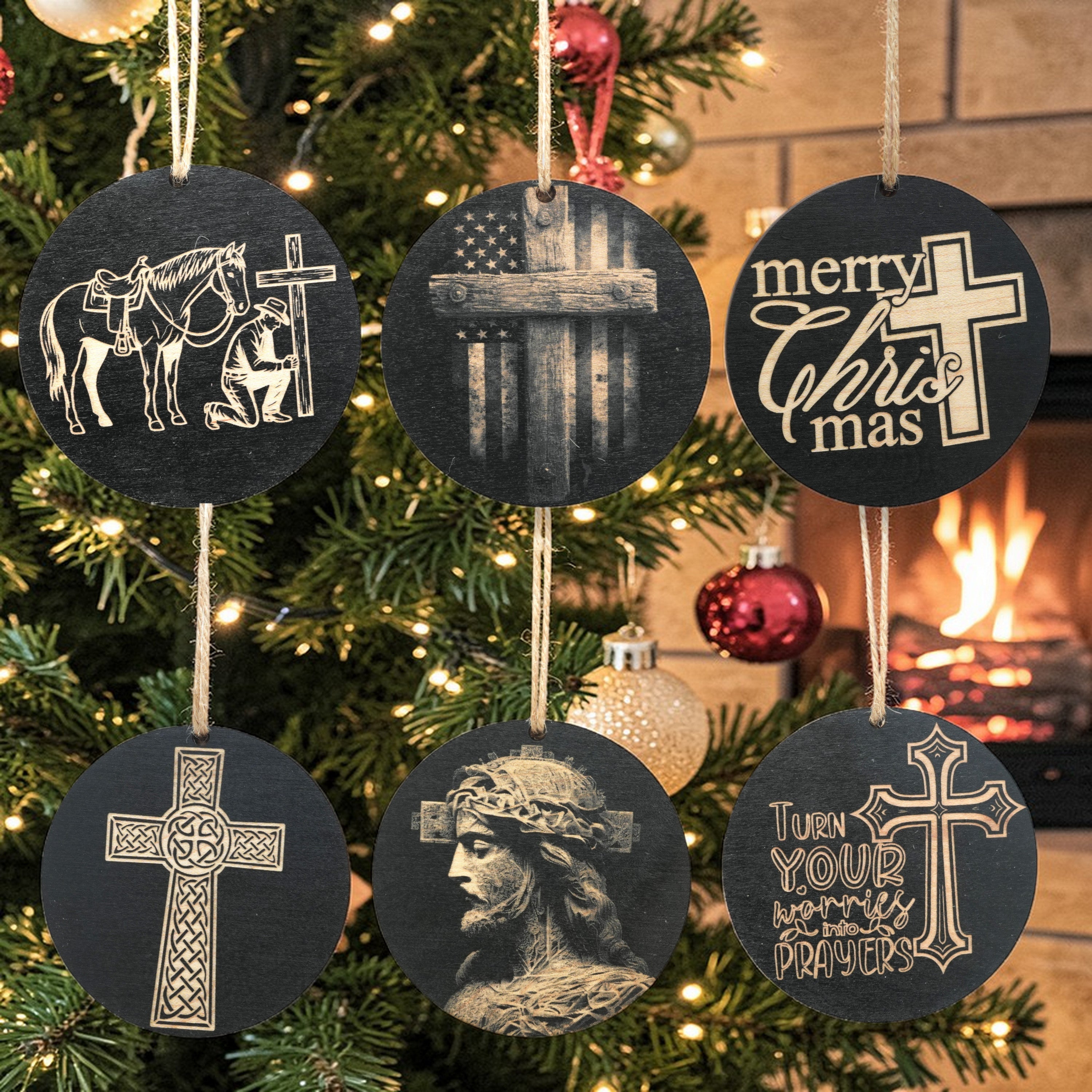 Ornament - Black - Cross - Set of 6