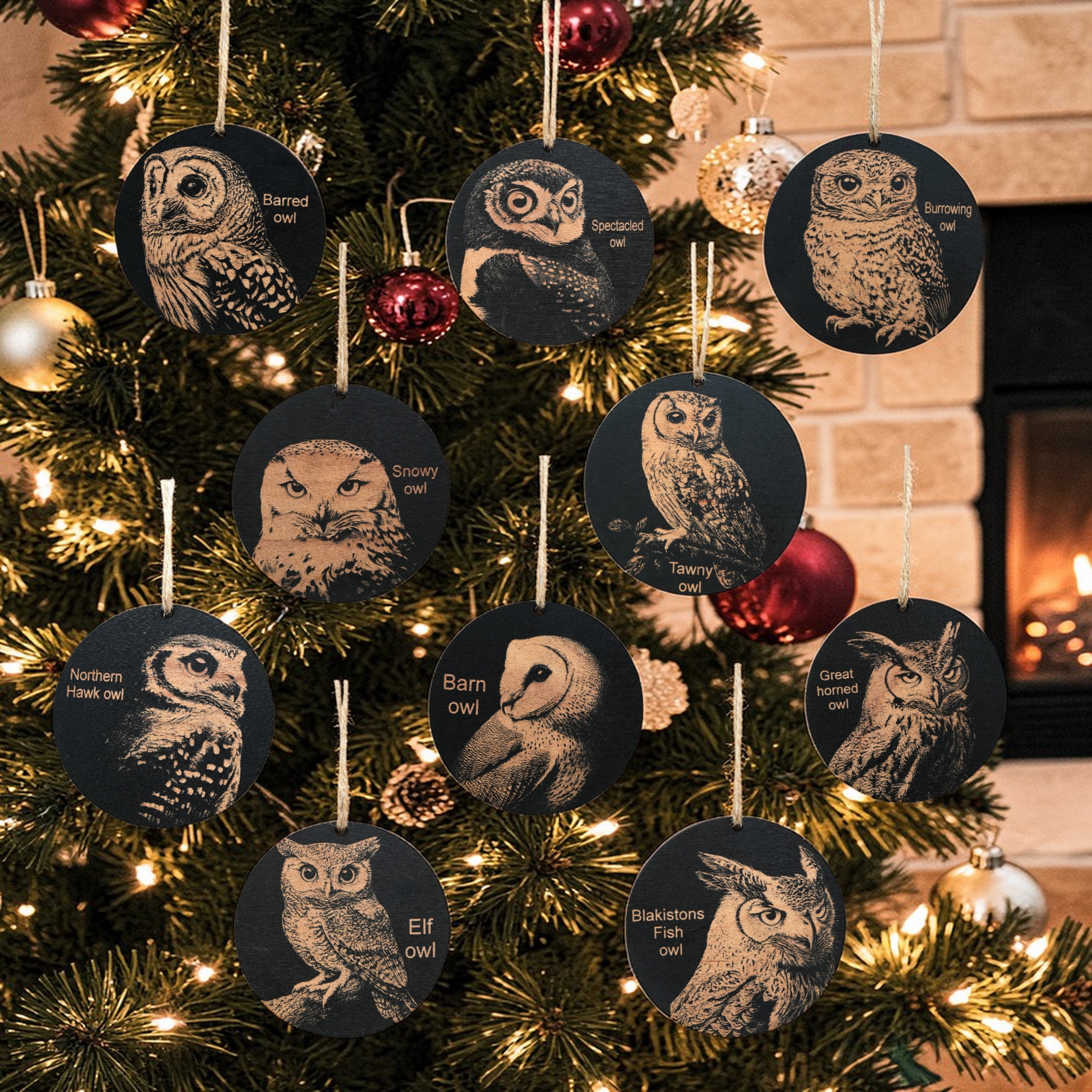 Ornament - Black - Owls - Set of 10