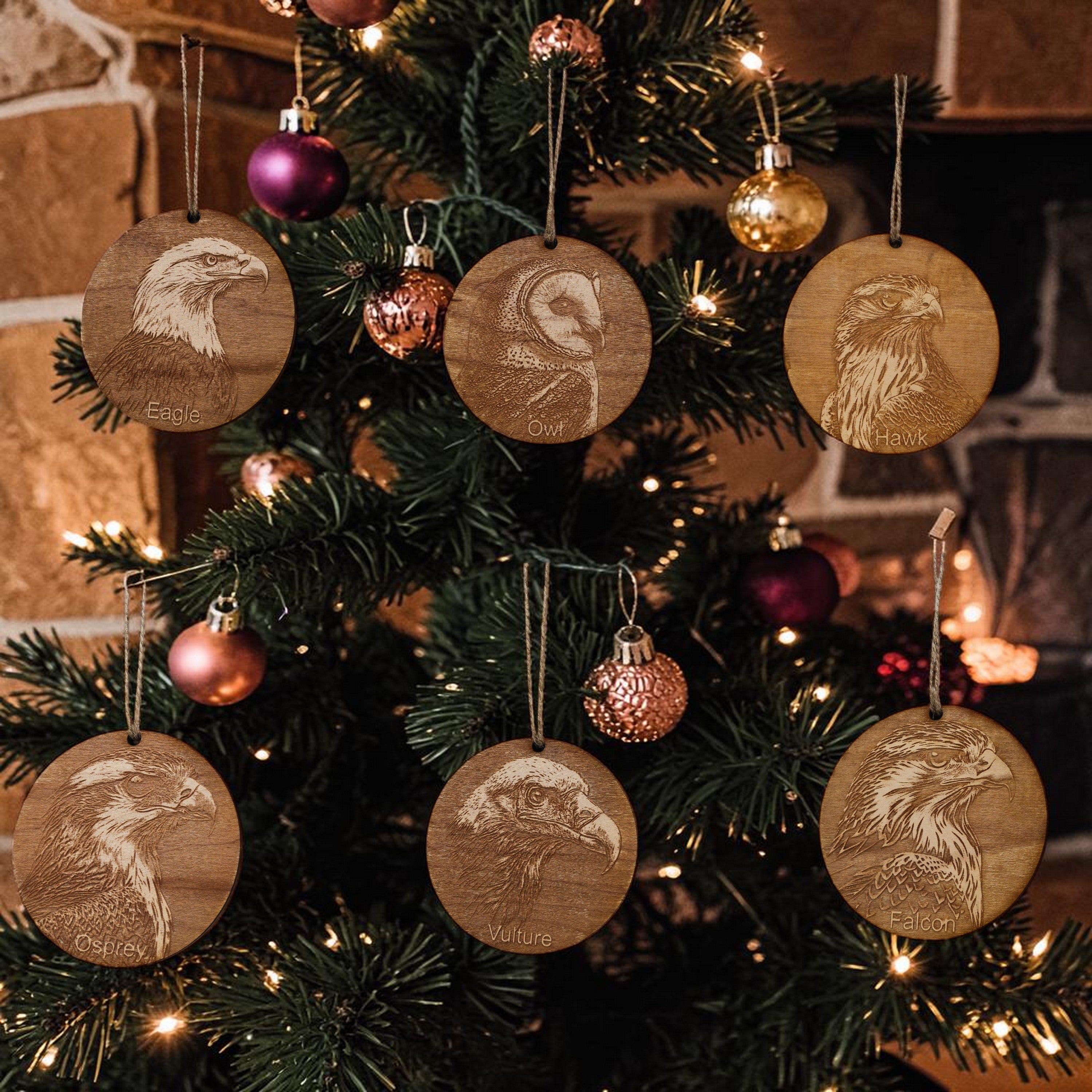 Ornament - Raptors - Birds - Set of 6 - Raw wood