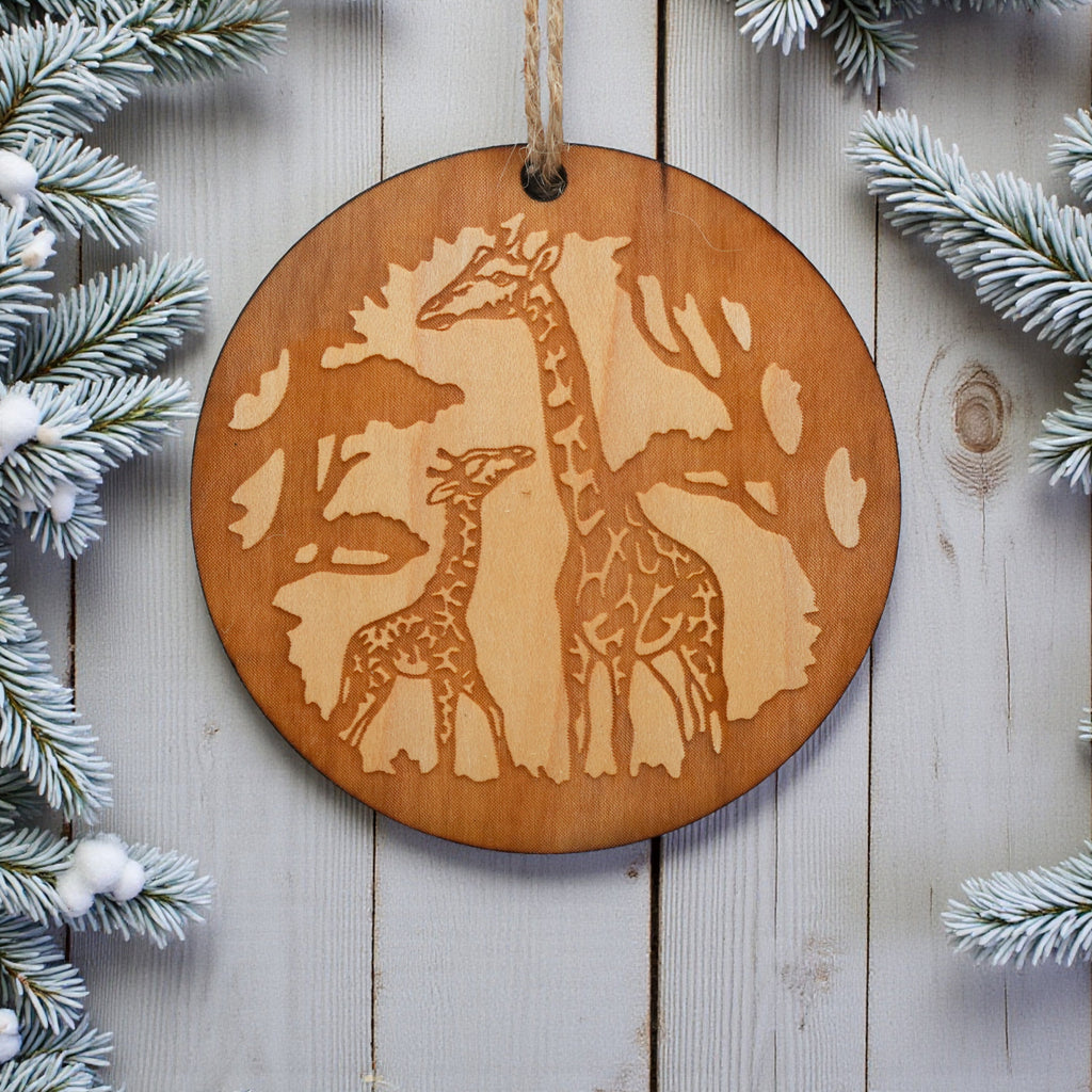 Ornament - Giraffe and Baby - Raw Wood