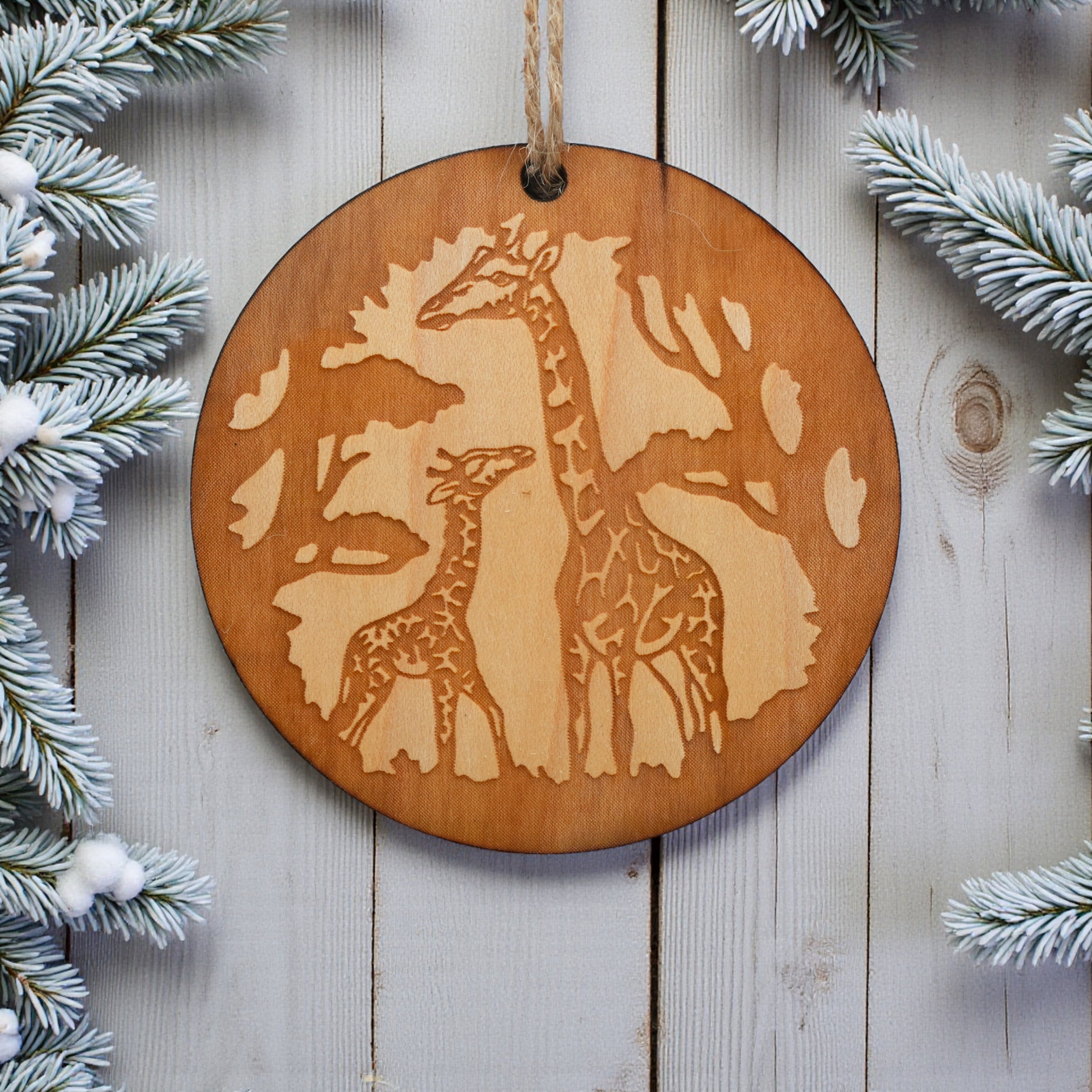 Ornament - Giraffe and Baby - Raw Wood