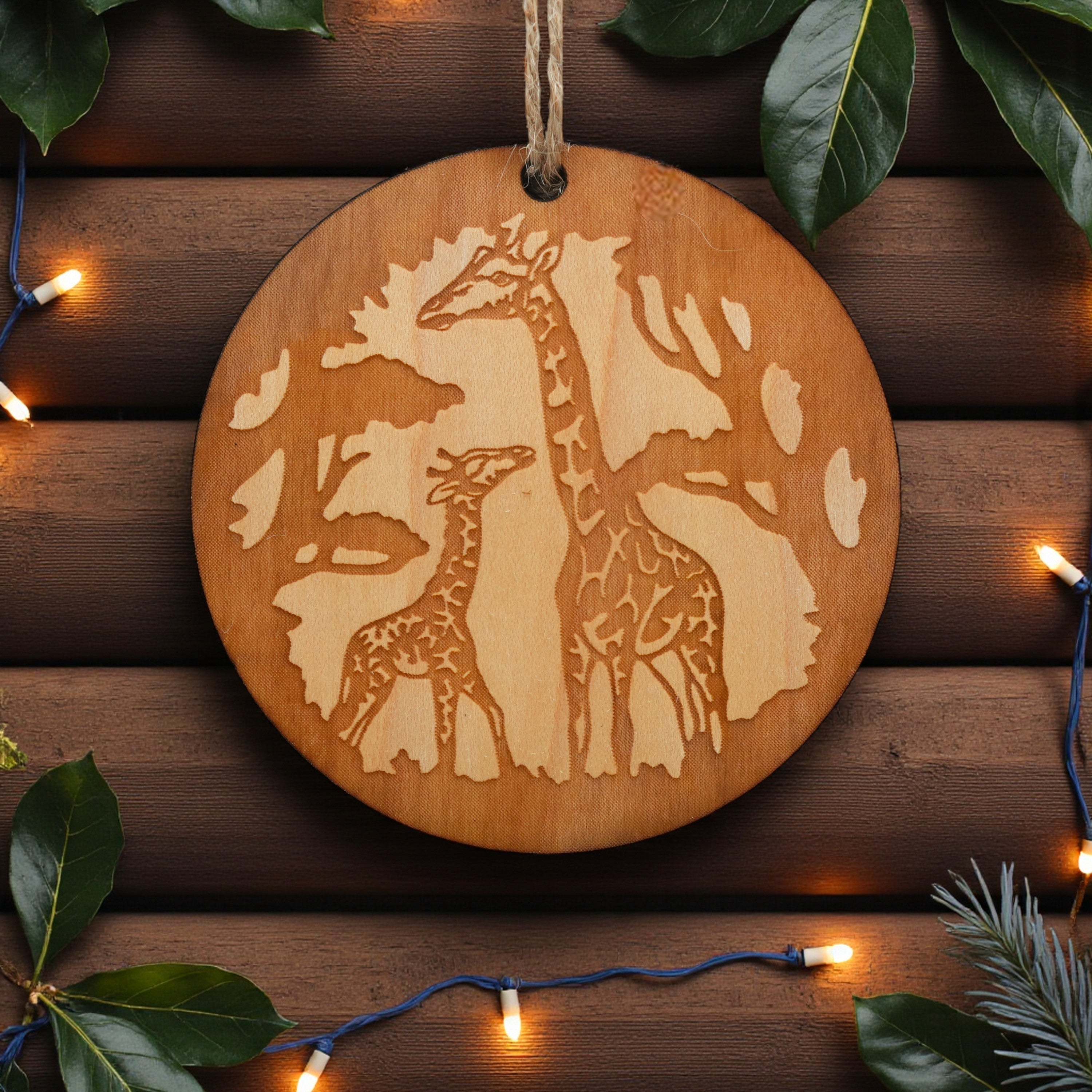 Ornament - Giraffe and Baby - Raw Wood