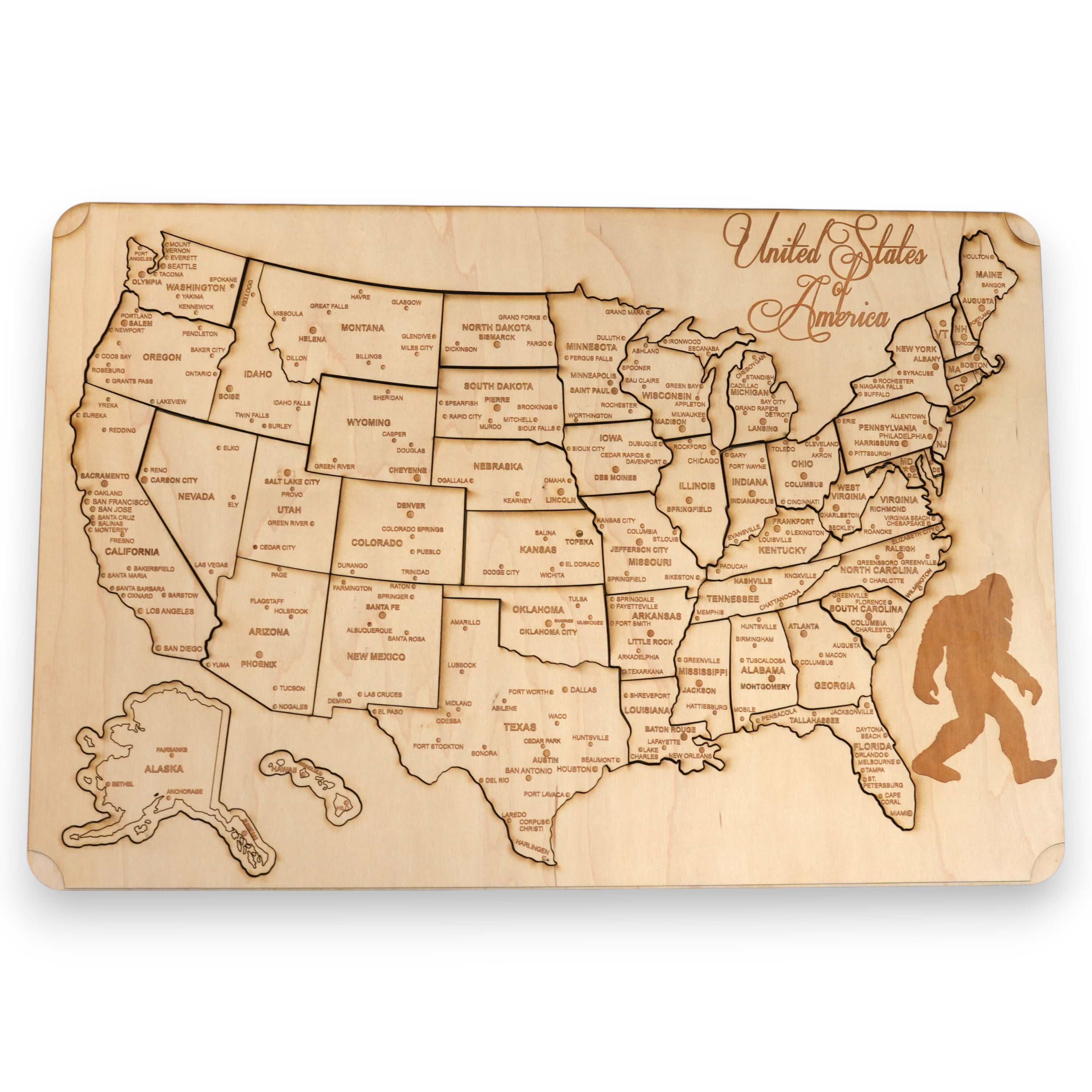 50 State BIGFOOT WITH CITIES American Puzzle Map - Art Kit - Raw Wood 12x18 Inches - 51 Pieces - With Stand