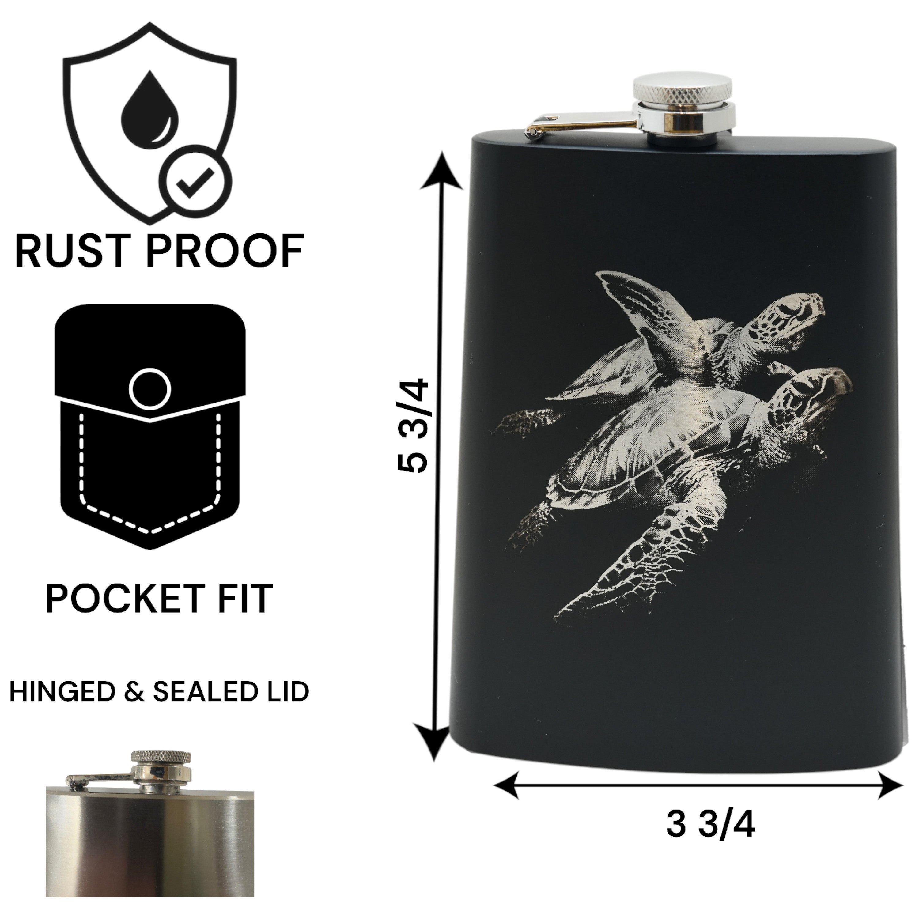 8oz Black - Underwater Sea Turtles - Black Flask
